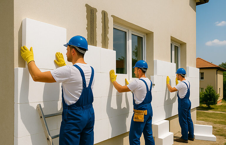 Antalya Manavgat Villa Dış Cephe Mantolama ve Yalıtım İşi 07 2 Villa Dış Cephe Mantolama ve Yalıtım Üç inşaat işçisi, Antalya Manavgat’ta bir villanın dış cephesine EPS strafor paneller uyguluyor