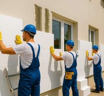 Antalya Manavgat Dış Cephe Mantolama ve Yalıtım 2025 50 Manavgat Dış Cephe Mantolama ve Yalıtım 2025, 3 inşaat işçisi, Antalya Manavgat’ta bir villanın dış cephesine EPS strafor paneller uyguluyor