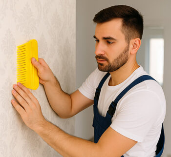 Antalya Belek Duvar Kağıdı Döşeme Projesi 07 52 Belek duvar kağıdı döşeme projesi 07 Duvar kağıdı döşeyen erkek usta, yakın plan çalışma anı