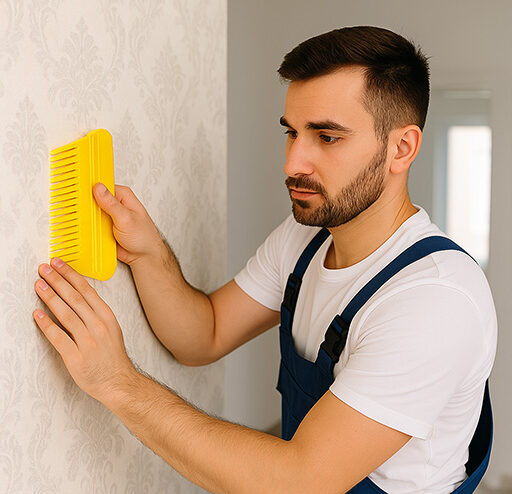 Belek duvar kağıdı döşeme projesi 07 Duvar kağıdı döşeyen erkek usta, yakın plan çalışma anı