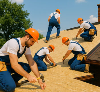 Antalya Serik Shingle Çatı Kaplama Onarımı 07 51 Shingle Çatı Kaplama Çatıda çalışan inşaat ustaları OSB levhalar döşerken