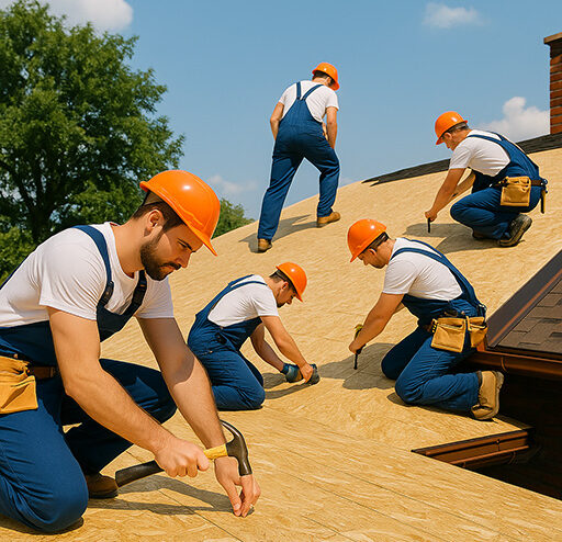 Shingle Çatı Kaplama Çatıda çalışan inşaat ustaları OSB levhalar döşerken