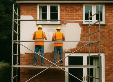Dış cephe boyası yapan işçiler apartman duvarını iskele ile boyuyor