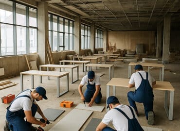 Ofiste masa, raf ve dolap montajı yapan usta ekip ve şık iç tasarım
