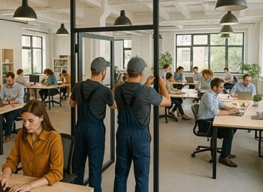 Modern ofiste duvar kaplama, zemin döşeme ve mobilya montajı yapan ekip