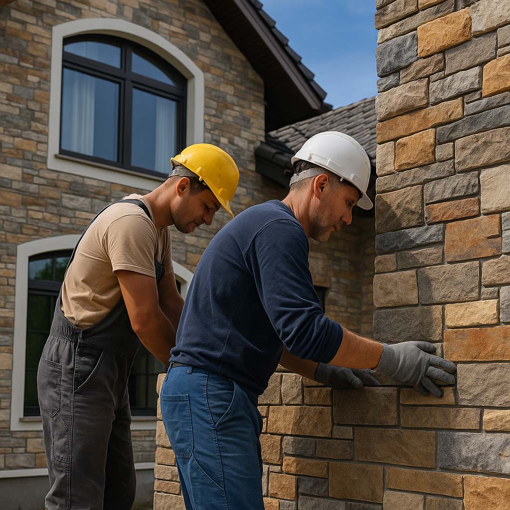 Antalya Villa Taş Kaplama Projesi – Döşemealtı Dış Cephe Uygulaması 07 3 Antalya villa taş kaplama işinde İki usta, bir villanın dış cephesine doğal taş kaplama uygulaması yaparken