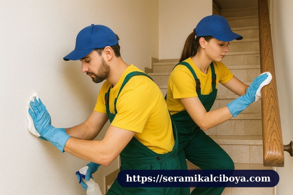 Antalya İnşaat Sonrası Detaylı Ev Temizliği – Serik Özel Uygulama 07 3 İnşaat sonrası detaylı ev temizliği yapan iki temizlik personeli, merdiven duvarlarını ve trabzanları özenle siliyor