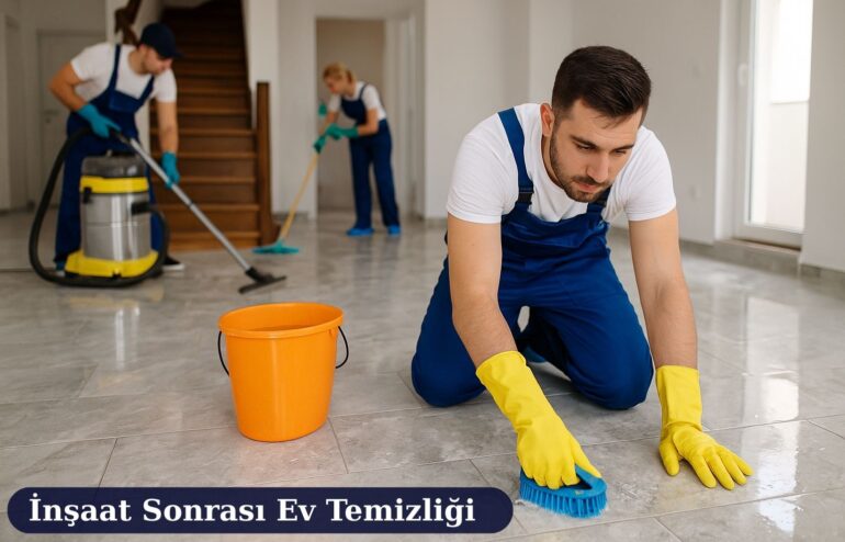 İnşaat sonrası detaylı ev temizliği yapan temizlik personelleri granit zemini detaylı şekilde temizliyor