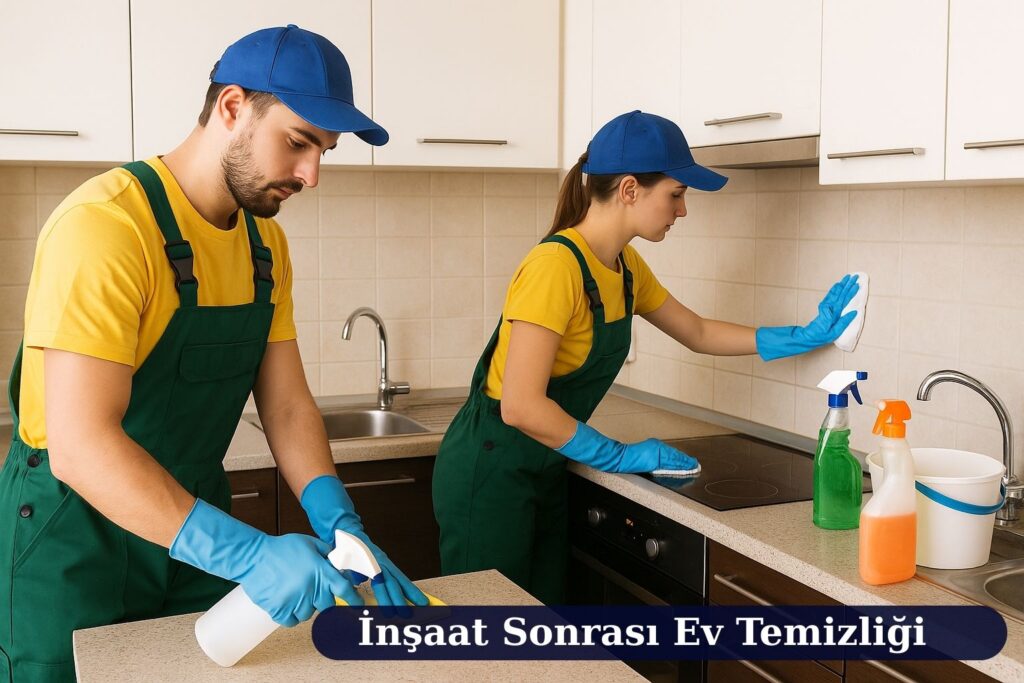 Antalya İnşaat Sonrası Detaylı Ev Temizliği – Serik Özel Uygulama 07 2 İnşaat sonrası detaylı ev temizliği yapan temizlik personelleri mutfakta yüzey ve seramik temizliği yapıyor