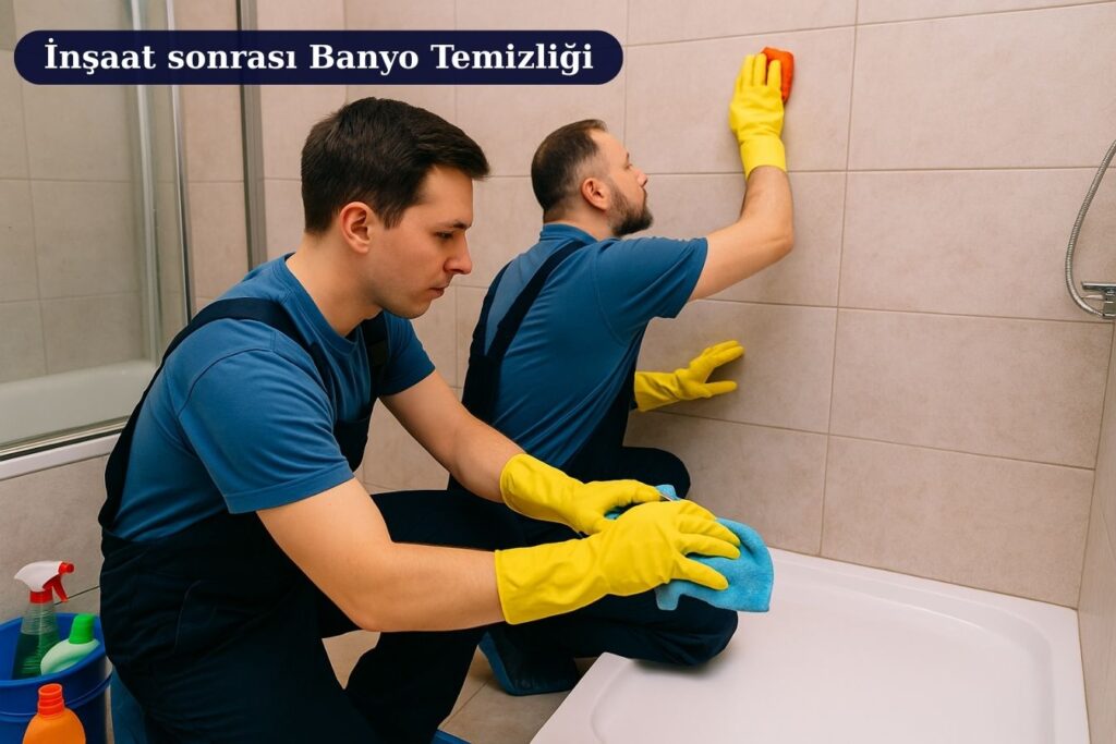 Antalya İnşaat Sonrası Detaylı Ev Temizliği – Serik Özel Uygulama 07 4 İnşaat sonrası detaylı ev temizliği yapan temizlik görevlileri, banyonun seramik duvarlarını ve küvet kenarlarını özenle siliyor