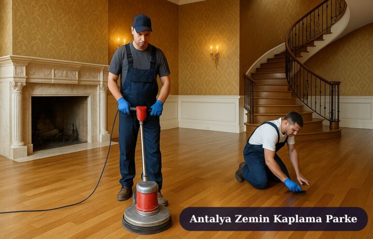 Antalya Demre Zemin Kaplama Parke Uygulaması 2025 6 Antalya Demre’de şık şömineli salonda işçilerin masif parke zemin kaplama ve cila çalışması