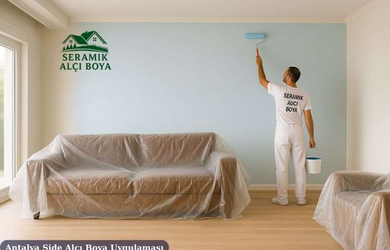 Antalya Side Alçı Boya Uygulaması, Side'de müstakil bir evin iç cepesini boyayan usta