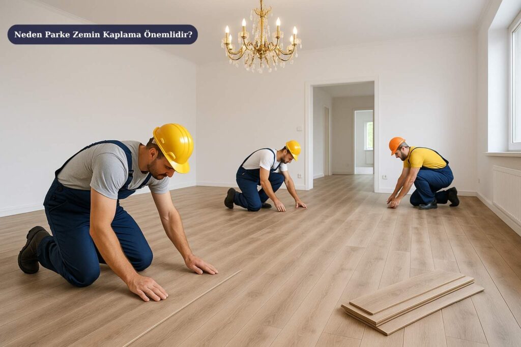 Antalya Demre Zemin Kaplama Parke Uygulaması 2025 2 Antalya Demre’de parke zemin kaplama yapan ustalar, beyaz duvarlı salonda profesyonel uygulama gerçekleştiriyor.