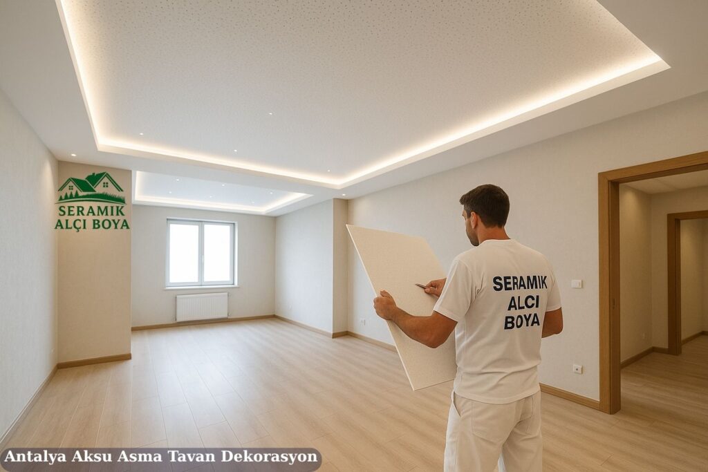 Antalya Aksu Asma Tavan Dekorasyon 2025 3 Antalya Aksu Asma Tavan Dekorasyon Aksu’da bir otel odasında yapılan modern asma tavan dekorasyonu uygulaması.