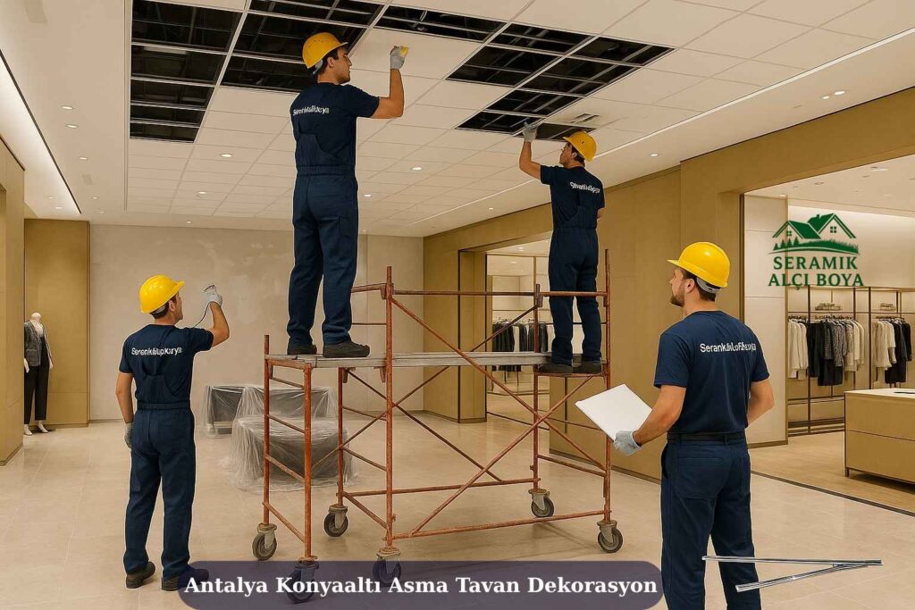 Antalya Konyaaltı Asma Tavan Dekorasyon 2025 2 Antalya Konyaaltı Asma Tavan Dekorasyon modern mağaza iç mekânında SeramikAlçıBoya ustalarının uyguladığı profesyonel asma tavan dekorasyonu