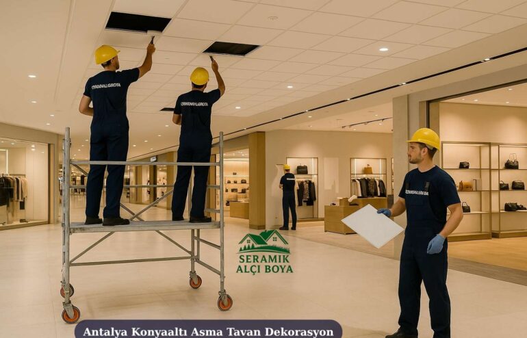Antalya Konyaaltı Asma Tavan Dekorasyon 2025 10 Antalya Konyaaltı Asma Tavan Dekorasyon, lüks bir mağazada SeramikAlçıBoya ekibinin profesyonel asma tavan montajı uygulaması