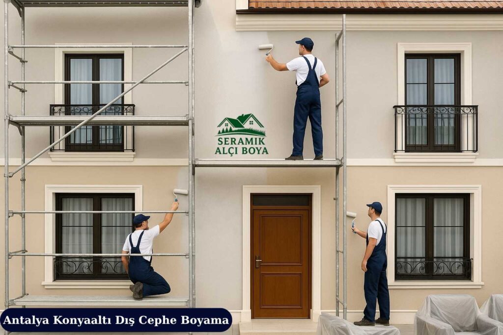 Antalya Konyaaltı Dış Cephe Boyama 2025 3 Antalya Konyaaltı’nda iskele üzerinde çalışan ustalar tarafından yapılan modern butik otel dış cephe boyama uygulaması