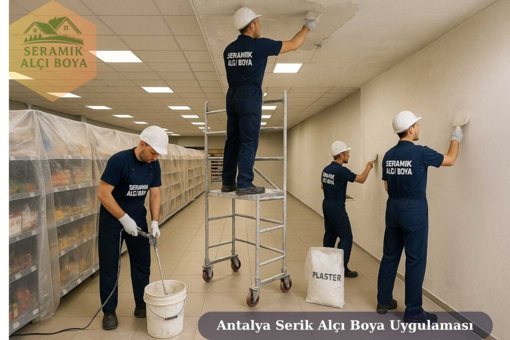 Antalya Serik Alçı Boya Uygulaması 2025 2 Antalya Seriik Alçı Boya Uygulaması bir marketin içinde Seramik Alçı Boya ustalarının profesyonel alçı boya uygulaması