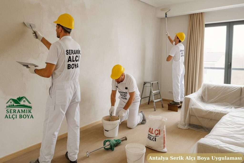 Antalya Serik Alçı Boya Uygulaması Serik’te Seramik Alçı Boya ekibinin konut iç mekânında profesyonel duvar ve tavan alçı boya uygulaması yaptığı çalışma