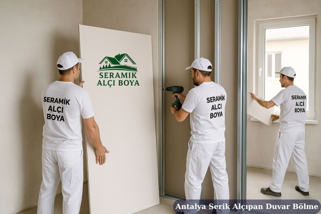 Antalya Serik Alçıpan Duvar Bölme 2025 2 Antalya Serik Alçıpan Duvar Bölme bir dairenin iç duvarında alçıpan bölme montajı yapan iki usta, üzerlerinde Seramik Alçı Boya yazan iş kıyafetleriyle çalışıyor.