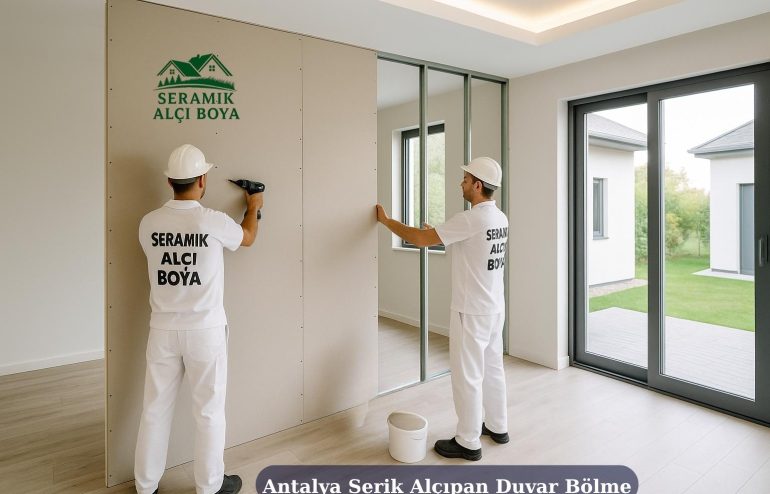 Antalya Serik Alçıpan Duvar Bölme 2025 3 Antalya Serik Alçıpan Duvar Bölme uygulayan iki usta, modern villanın alçıpan duvar bölmesini çalışması yapıyor.