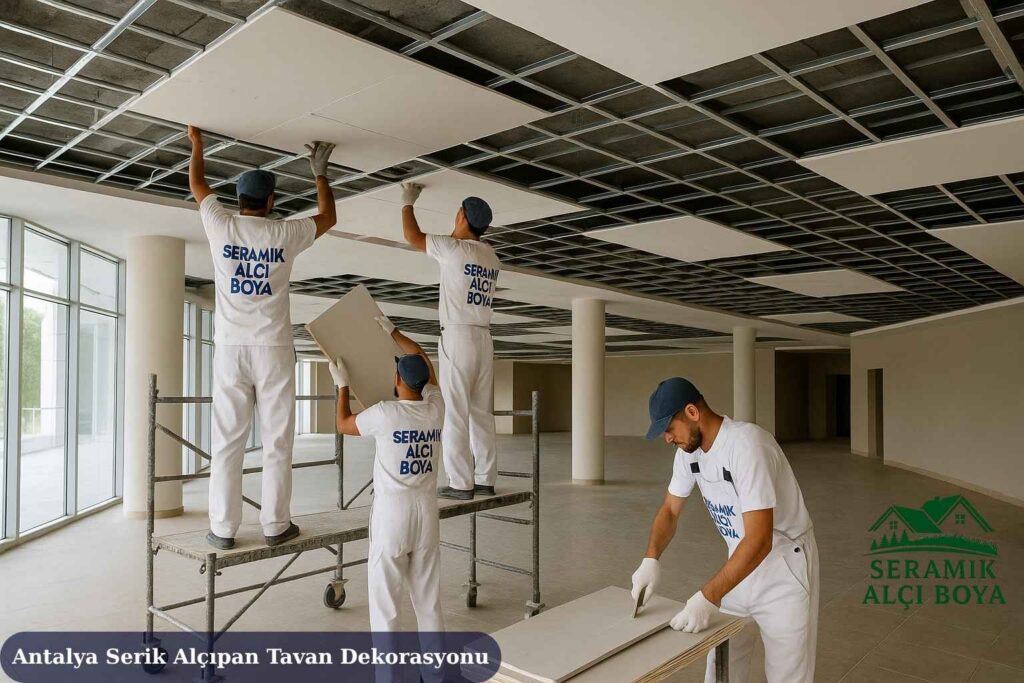 Antalya Serik Alçıpan Tavan Dekorasyonu 2025 3 Antalya Serik Alçıpan Tavan Dekorasyonu Serik’te bir otelin geniş salonunda Seramik Alçı Boya ustalarının 125x240 cm alçıpan levhalarla tavan dekorasyonu montajı yaptığı profesyonel uygulama.