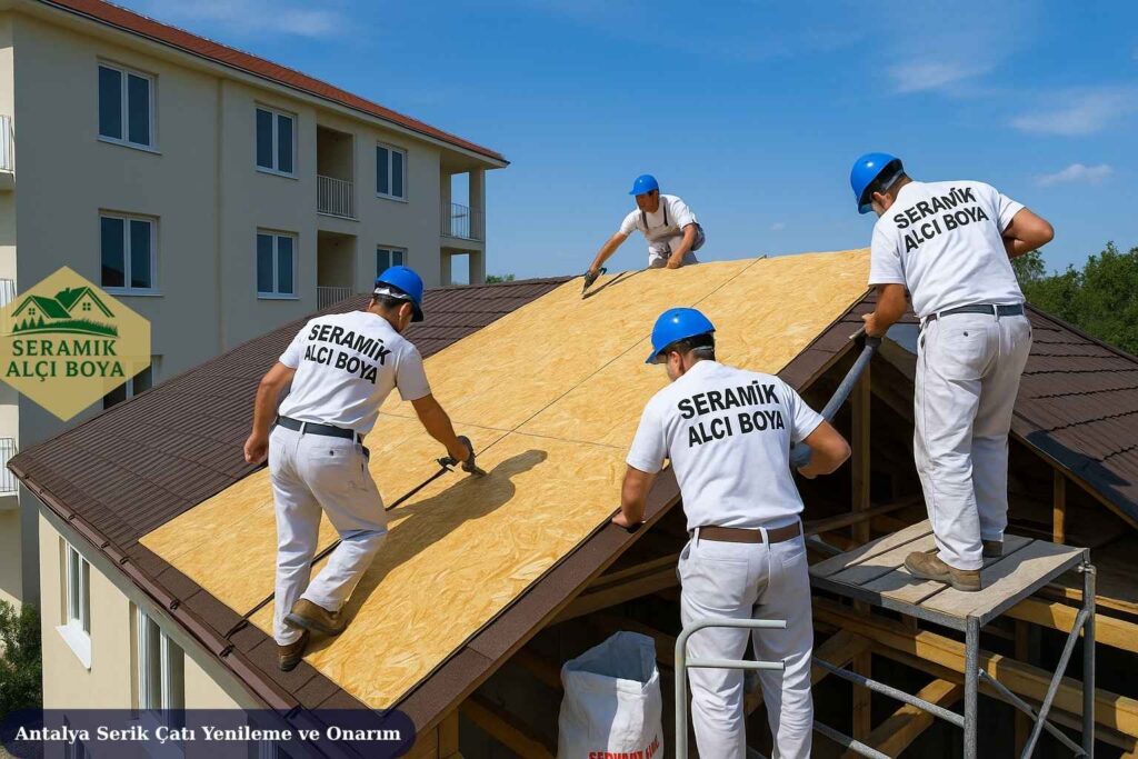 Antalya Serik Çatı Yenileme ve Onarım 2025 3 Antalya Serik Çatı Yenileme ve Onarım Serik’te Seramik Alçı Boya ustalarının apart ev çatısında OSB levha ve shingle montajı yaptığı çatı yenileme uygulaması