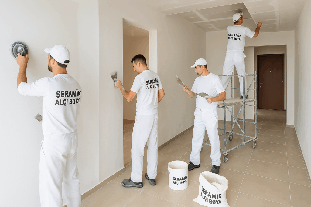 Antalya Serik Daire Yenileme 2025 2 Antalya Serik Daire Yenileme Serik’te Seramik Alçı Boya ekibinin modern bir dairede zımpara, alçı ve asma tavan çalışması yaptığı profesyonel yenileme uygulaması.