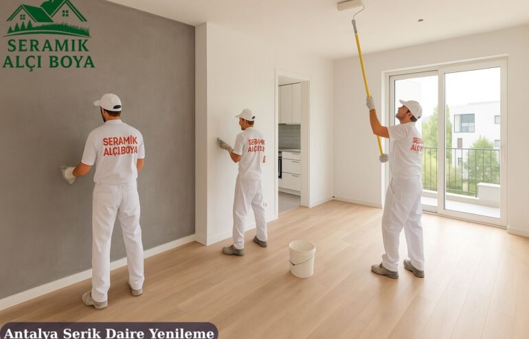 Antalya Serik Daire Yenileme 2025 3 Antalya Serik Daire Yenileme Bir Daire Yenileme yapan 2 işci üzerlerinde '' Seramik Alçı Boya '' yazan iş kıyafetleri var. iki işci daire yenileme yapıyor gayet modern bir şekilde Gerçekçi görüntüler resim geniş açı ve uzak çekim olsun 1200 × 675 px ölçülerinde olsun. '' kova çuval gibi fazlalık olmasın