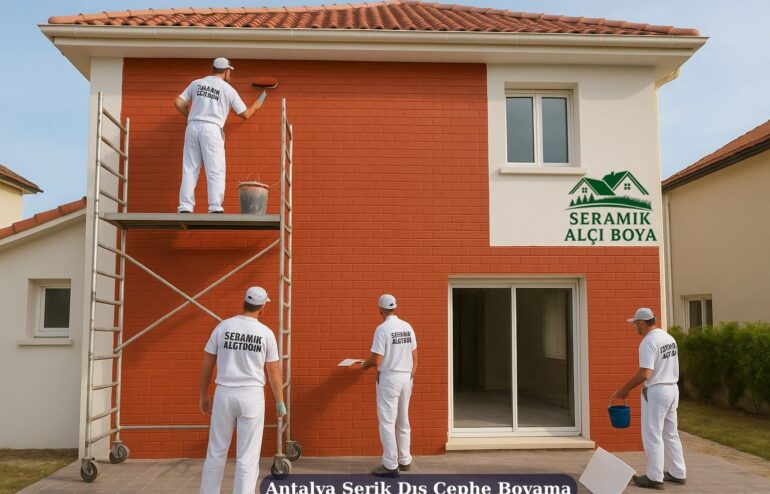 Antalya Serik Dış Cephe Boyama 2025 4 Antalya Serik Dış Cephe Boyama Serik’te bir villanın güneye bakan cephesinde Seramik Alçı Boya ekibinin kiremit rengi tuğla desenli dış cephe boyama uygulaması.