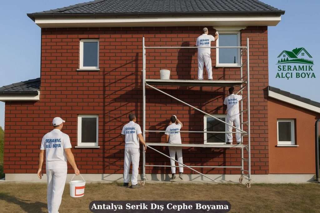 Antalya Serik Dış Cephe Boyama, Seramik Alçı Boya ekibinin kiremit rengi tuğla desenli dış cephe boyama uygulaması.