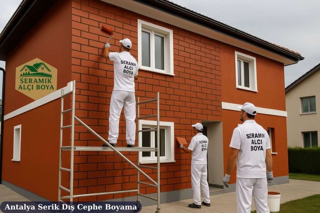 Antalya Serik Dış Cephe Boyama kiremit kırmızısı ve beyaz çizgili tuğla görünümlü dış cephe boyası uygulayan iki usta, modern villanın cephesinde boya çalışması yapıyor.
