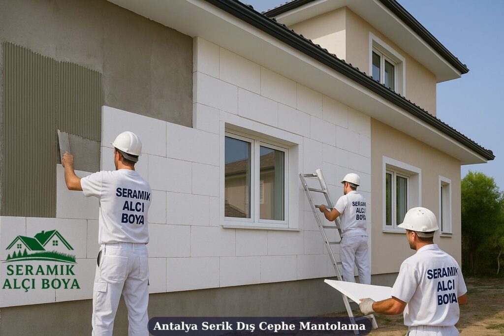 Antalya Serik Dış Cephe Mantolama 2025 2 Antalya Serik Dış Cephe Mantolama Serik’te bir villanın kuzey cephesinde Seramik Alçı Boya ekibinin profesyonel dış cephe mantolama uygulaması.