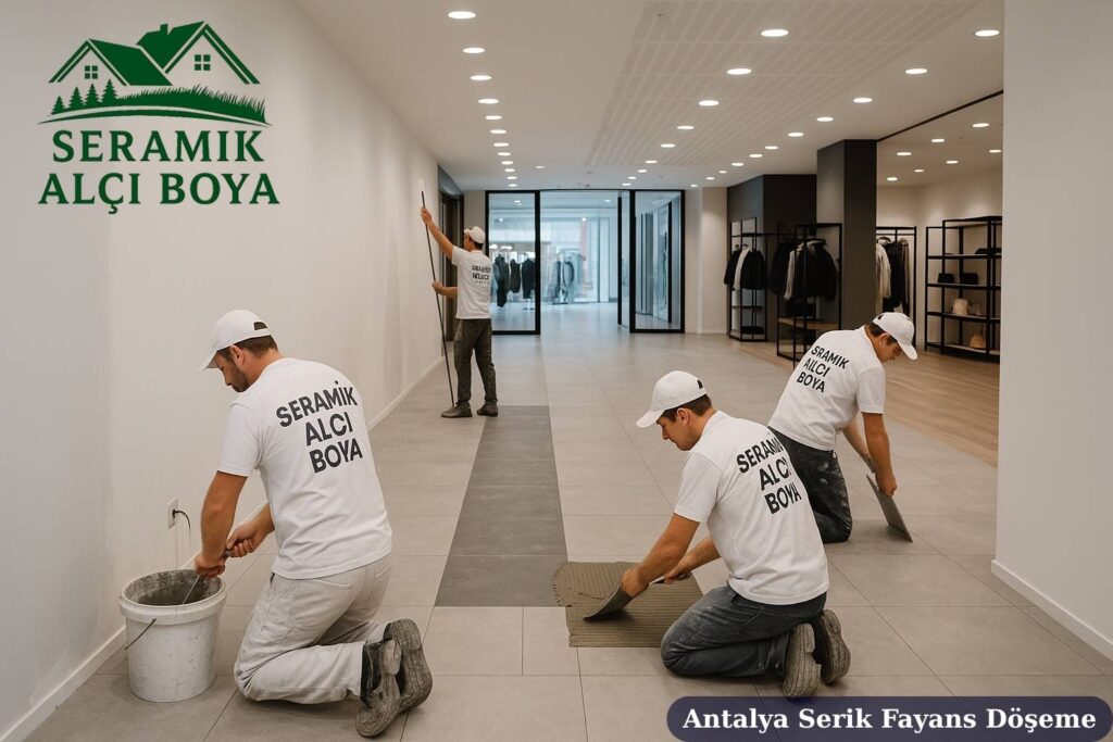Antalya Serik Fayans Döşeme 2024 3 Antalya Serik Fayans Döşeme Serik’te Seramik Alçı Boya ekibinin modern bir mağaza zemininde gerçekleştirdiği profesyonel fayans döşeme çalışması.