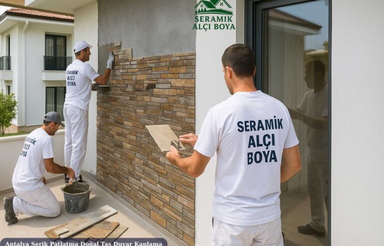 Antalya Serik Patlatma Doğal Taş Duvar Kaplama 2025 10 Antalya Serik Patlatma Doğal Taş Duvar Kaplama Serik’te Seramik Alçı Boya ustalarının modern bir villada balkon duvarına patlatma doğal taş kaplama uygulaması yaptığı profesyonel çalışma.