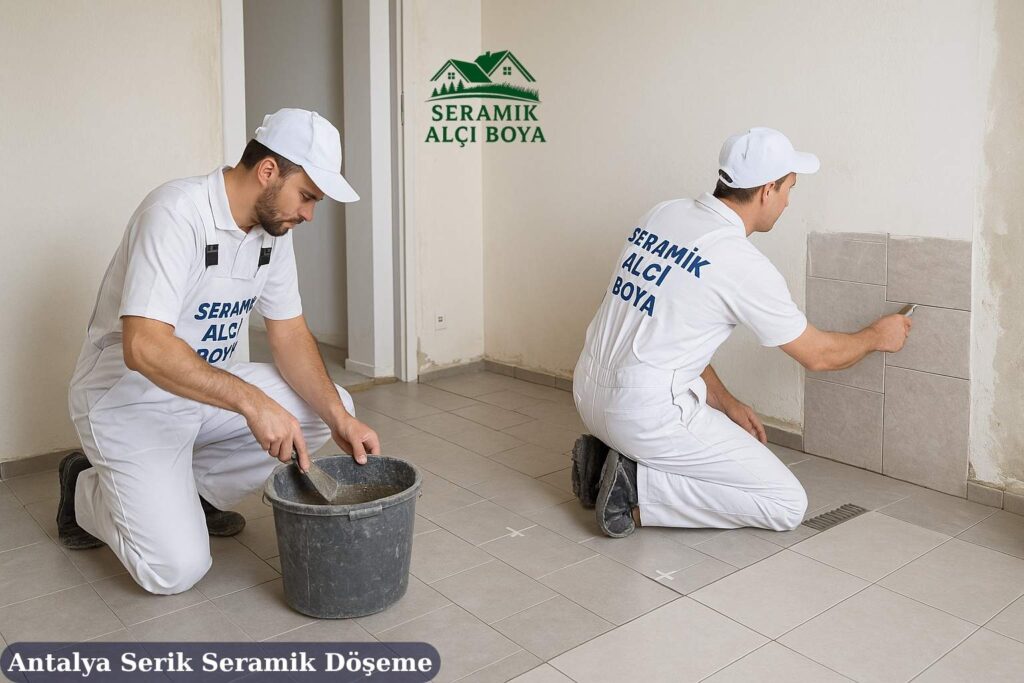 Antalya Serik Seramik Döşeme 2025 2 Antalya Serik Seramik Döşeme Serik’te villa iç zeminine seramik döşeyen iki profesyonel usta, Seramik Alçı Boya iş kıyafetleriyle modern dekorasyon çalışması yapıyor.
