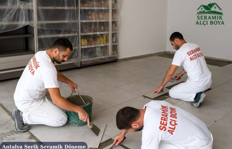 Antalya Serik Seramik Döşeme 2025 9 Antalya Serik Seramik Döşeme Serik’te Seramik Alçı Boya ekibinin modern bir iş yerinde profesyonel seramik döşeme çalışması yaptığı uygulama.
