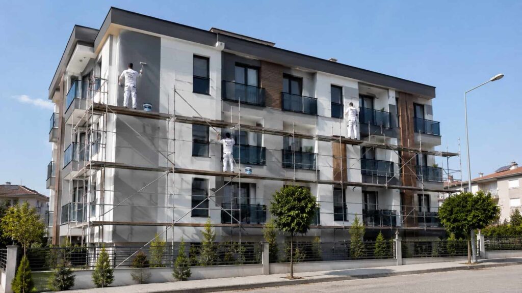 Antalya Belek Dış Cephe Boyama kiremit kırmızısı ve beyaz çizgili tuğla görünümlü dış cephe boyası uygulayan iki usta, modern villanın cephesinde boya çalışması yapıyor.