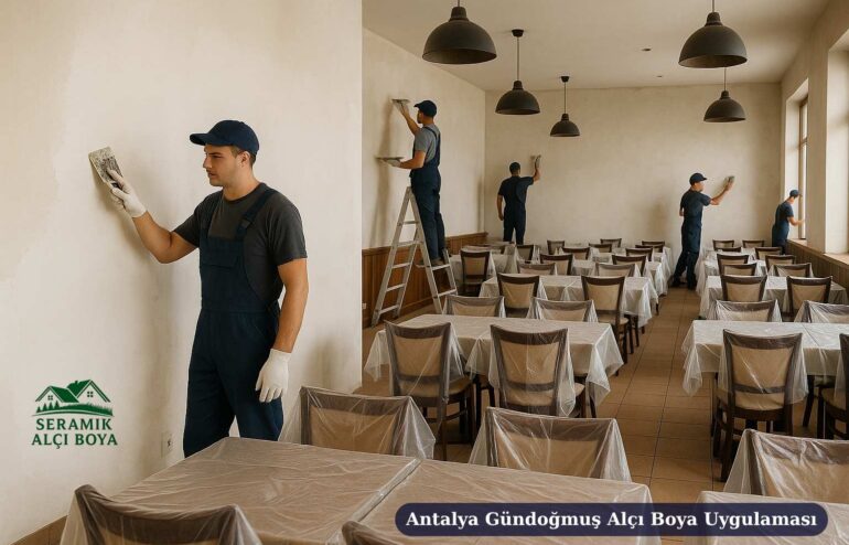 Antalya Gündoğmuş Alçı Boya Uygulaması 2025 4 Antalya Gündoğmuş Alçı Boya Uygulaması restoran salonunda alçı boya uygulaması yapan ustalar