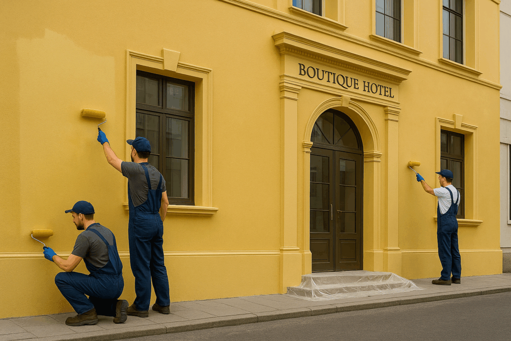 Antalya Konyaaltı Dış Cephe Boyama 2025 2 Antalya Konyaaltı’nda butik otel cephesine altın renginde profesyonel dış cephe boyama yapan ustalar