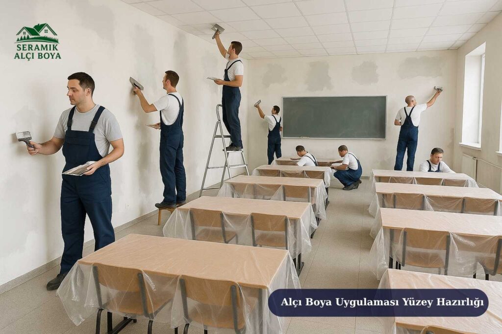 Antalya Gündoğmuş Alçı Boya Uygulaması 2025 3 Alçı boya uygulaması öncesi sınıf ortamında duvar ve tavan yüzeylerinin hazırlanması