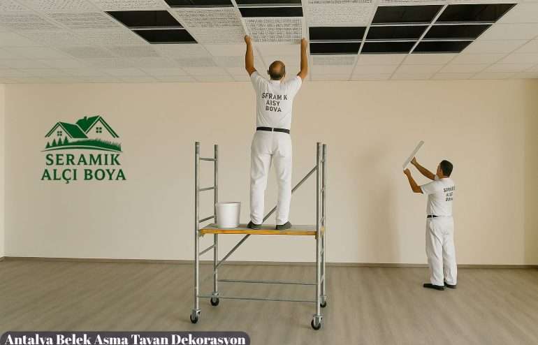Antalya Belek Asma Tavan Dekorasyon Seramik Alçı Boya” ustası, geniş salon tavanında asma tavan montajı