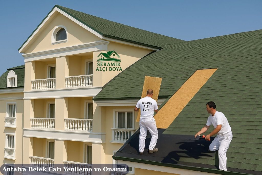 Antalya Belek Çatı Yenileme ve Onarım 2025 3 Antalya Belek Çatı Yenileme ve Onarım Antalya Belek’te bir otelin çatısında çalışan iki usta, “Seramik Alçı Boya” logolu kıyafetleriyle yeşil shingle çatı yenileme çalışması yapıyor