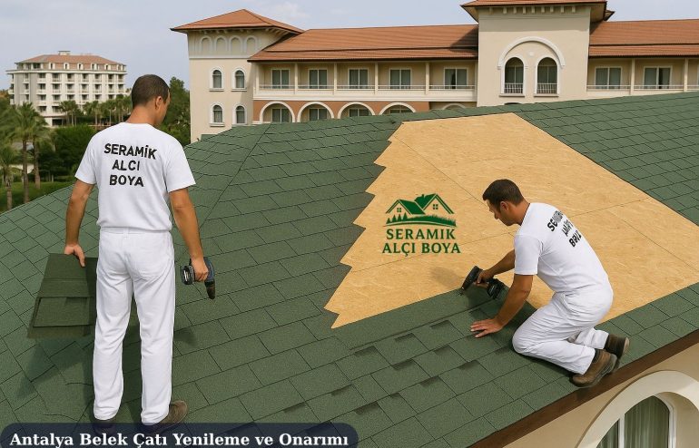 Antalya Belek Çatı Yenileme ve Onarım Antalya’da otel çatı yenileme çalışması. Seramik Alçı Boya ekibi, yeşil shingle kaplama ve OSB montajıyla estetik ve dayanıklı çatı çözümleri sunuyor.