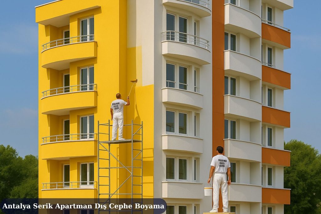 Antalya Serik Apartman Dış Cephe Boyama 2025 2 Antalya Serik Apartman Dış Cephe Boyama modern bir apartmanın dış cephesini sarı tonlarda boyayan iki usta, iskele üzerinde profesyonel ustalar boya çalışması yapıyor.