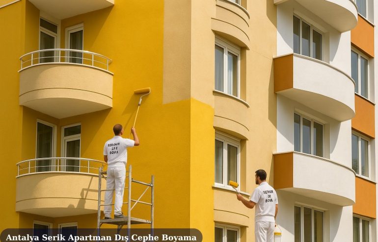 Antalya Serik Apartman Dış Cephe Boyama 2025 2 Antalya Serik Apartman Dış Cephe Boyama modern bir apartmanın dış cephesinde Seramik Alçı Boya ekibinin gerçekleştirdiği profesyonel dış cephe boyama çalışması.