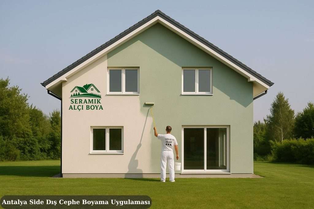 Antalya Side Dış Cephe Boyama Uygulaması, Seramik Alçı Boya” logolu beyaz iş kıyafetiyle modern bir müstakil evin dış cephesini boyuyor. Usta elinde rulo tutuyor, ev açık yeşil tonlarda ve geniş bahçeli.